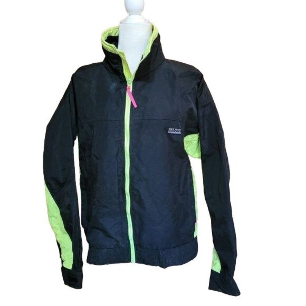Vintage White Sierra Unisex Large Neon Windbreaker Warm Up Jacket Black Green